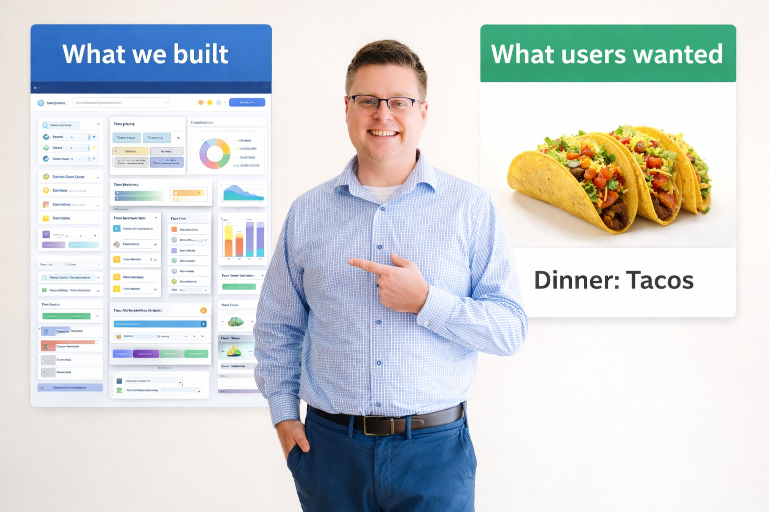 Man pointing to comparison: complex software dashboard labeled ‘What we built’ vs tacos labeled ‘What users wanted’
