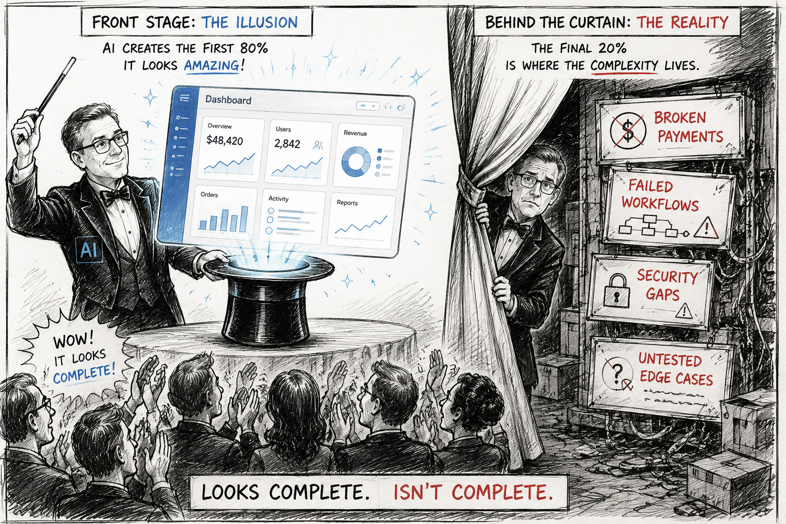 Storyboard illustration of the AI software development 80% trap, where a polished application appears complete but critical software engineering challenges remain hidden behind the scenes.