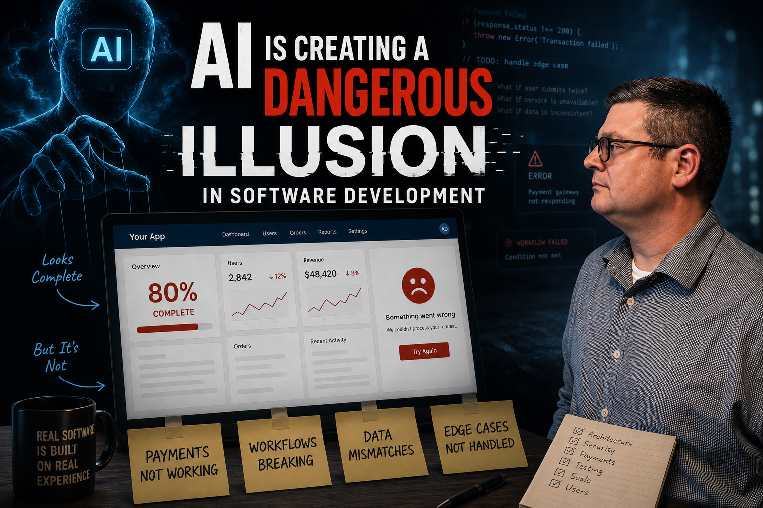 Illustration of AI software development showing a web application that appears complete but has payment, workflow, and data integrity issues, representing the dangers of relying solely on AI-generated software.