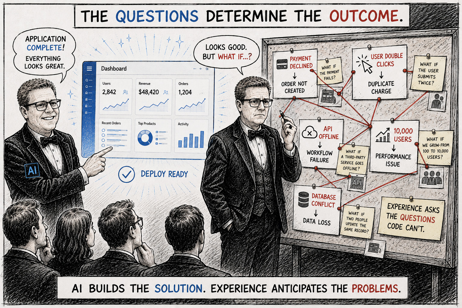 Storyboard-style illustration showing AI presenting a completed software application while an experienced software engineer investigates potential risks including payment failures, duplicate charges, workflow issues, scalability challenges, and data loss scenarios.